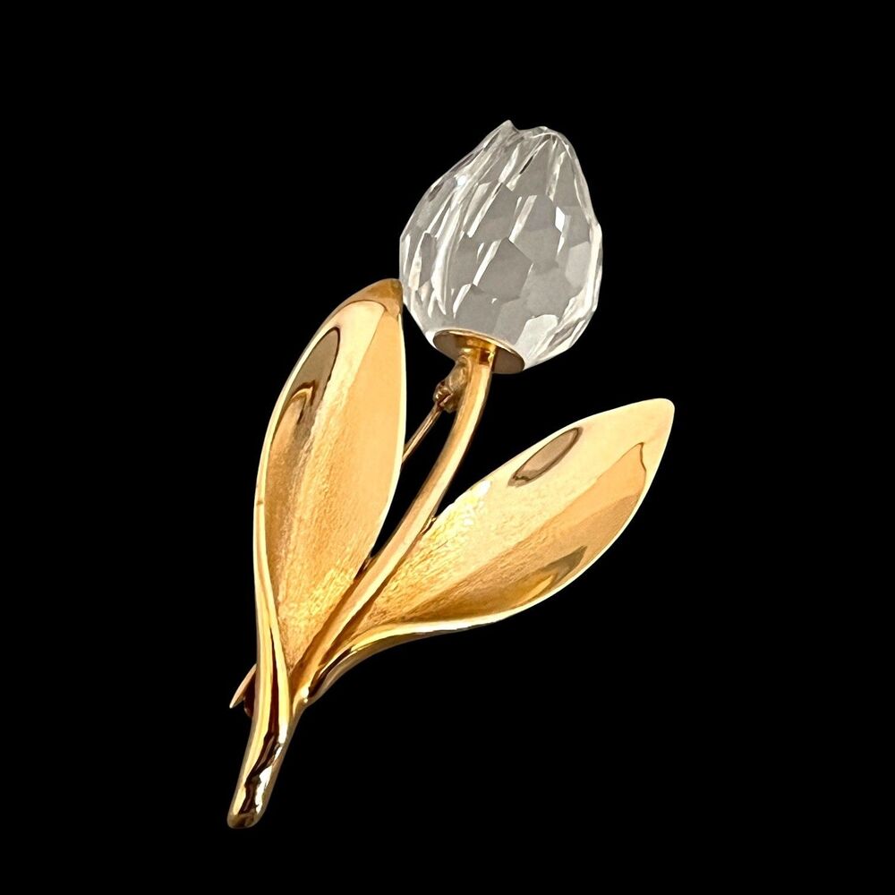 Vintage 1980s Swarovski Crystal Tulip Flower Brooch Gold Tone - 7Y